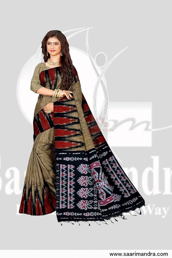 Handloom Indian Premium Ikat Saree in Black & Rust